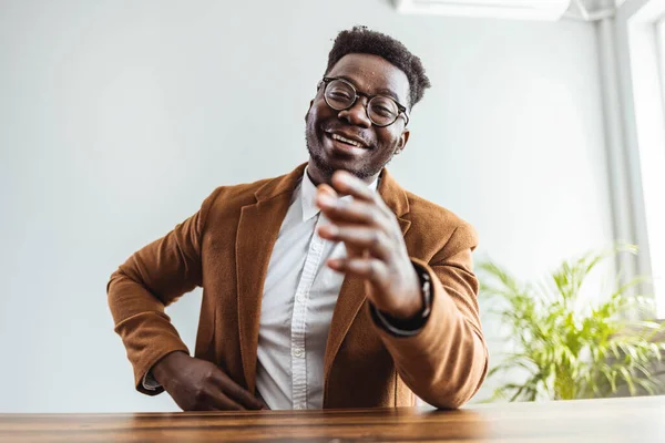 Portrait Young African American Businessman Glasses Offering Handshake — Zdjęcie stockowe