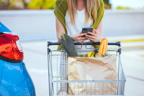 Young Woman Shopping Cart Smartphone — Stockfoto