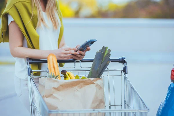 Woman Using Smartphone Shopping Cart — Fotografia de Stock