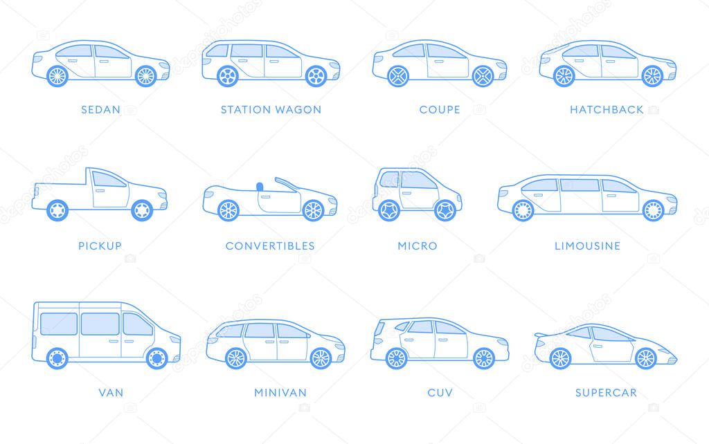 Types of cars icons collection. Different cars set of vector illustration