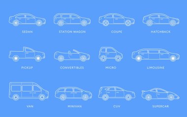 Car outline type icons set. Vector white illustration isolated on blue background. Variants of model automobile for web and app with title