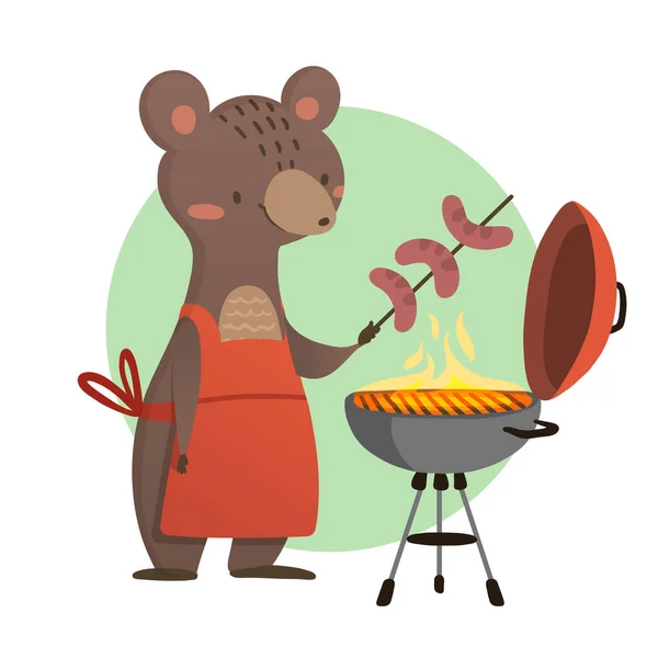 BBQ cute vector illustration. Bear cooks sausages on the bbq party