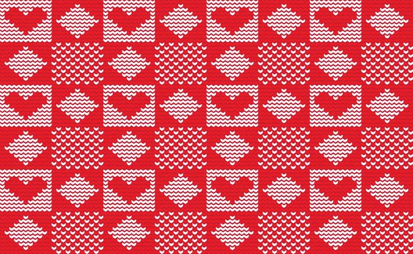 Motif Tricot Coeur Carrés Vecteur Fond Saint Valentin Rouge Blanc — Image vectorielle