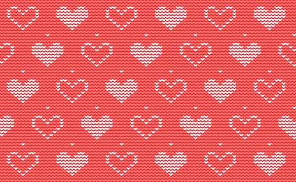 Heart Knit Pattern Vector White Love Embroidery Light Red Background — Vetor de Stock