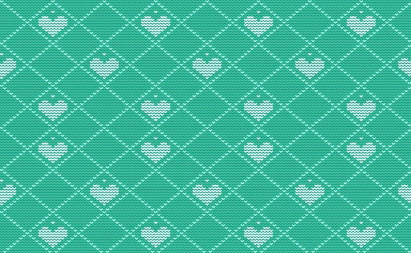 Bílé Zelené Srdce Výšivka Vzor Pletené Diagonální Pozadí Vektorové Kmenové — Stockový vektor