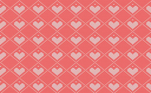 Heart Knitted Pattern Vector White Red Love Embroidery Continuous Background — Image vectorielle