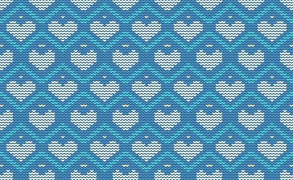 White Heart Knit Pattern Vector Blue Cross Stitch Background Embroidery — Vetor de Stock