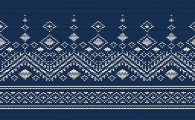 White and Blue Knitted Pattern Vector, Embroidery Style Background, Ethnic Continuous wallpaper, Fabric Crochet texture