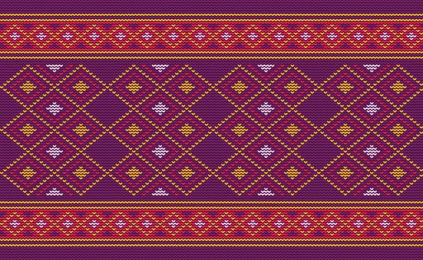 Red Purple Embroidery Pattern Knitted Continuous Background Vector Cross Stitch — Vector de stock