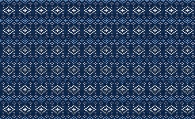 Mavi ve Beyaz Nakış Kare Örgü Antika Arkaplan, Vektör Ikat Klasik Retro, Moda Dekoratif Sanatı