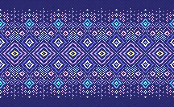 刺繍民族パターン ベクトル幾何学的な編み背景 クロスステッチイラストパターンスタイル 青と紫のパターン表面 織物のためのデザイン カーテン エプロン — ストックベクタ