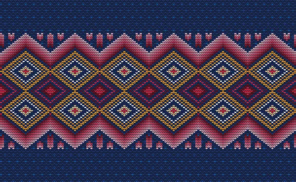 抽象的なクロスステッチの民族パターン ベクトルニットの背景 刺繍文化かぎ針編みスタイル 青ニットの背景に赤パターンレトロ テキスタイル ファブリック カーペット 壁紙のためのデザイン — ストックベクタ