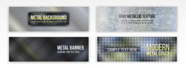 Modern digital design of technical elements for presentation and advertising. Set of banners for the site with a metallic background. Chromed, perforated, stainless, scratched iron cover.