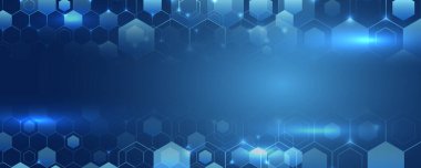 Fütüristik iş planı. Dijital poster şablonları. Tıbbi, teknoloji ya da bilim tasarımı. Altıgen soyut arkaplanlı mavi vektör pankartı tasarımı. Yüksek teknoloji tasarım konsepti.
