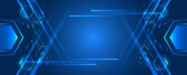 Yüksek teknoloji dijital teknoloji ve mühendislik konsepti. Çokgenli bilim kurgu şablonu. Mavi arka planda soyut altıgen bilimi.