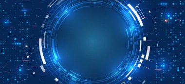 Geniş Siber Güvenlik İnternet ve ağ konsepti. Çeşitli teknolojik elementlere sahip yüksek teknoloji vektör çizimi. Soyut küresel bilim kurgu kavramı. Mavi arkaplanda dijital internet iletişimi.