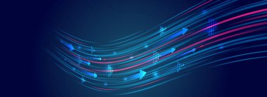 Gelecekçi dalgalı kırmızı-mavi çizgiler ve oklar. Sunumlar ve web siteleri için modern yüksek teknoloji. Parlak dinamik çizgilerle soyut arkaplan.