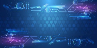 Geniş Siber Güvenlik İnternet ve ağ konsepti. Çeşitli teknolojik elementlere sahip yüksek teknoloji vektör çizimi. Soyut küresel bilim kurgu kavramı. Mavi arkaplanda dijital internet iletişimi.