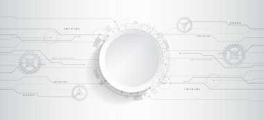 Gri ve beyaz fütüristik arka plan. Vektör çizim şablonu. Teknolojik elementlerden soyut yenilik geçmişi. Gelişmiş iletişim teknolojileri.