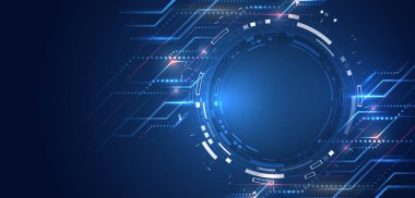 Mavi arka planda dijital internet iletişimi. Geniş Siber Güvenlik İnternet ve ağ konsepti. Çeşitli teknolojik elementlere sahip yüksek teknoloji vektör çizimi. Soyut küresel bilim kurgu kavramı.