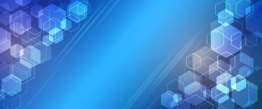 Geometrik arkaplan, altıgen ve yüksek teknolojili elementler sunum veya afiş için. Tıbbi, teknoloji ya da bilim tasarımı. Molekül yapısı soyut arkaplan. Modern teknik arkaplan.
