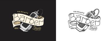 Saç makası ve kurdele. Berber dükkanı rozeti, etiket, logo ve hipster amblemleri. Sakal ve bıyık kesimi. İnsan simgesi için araçlar. Eski bir eskizin üzerine oyulmuş el resmi..