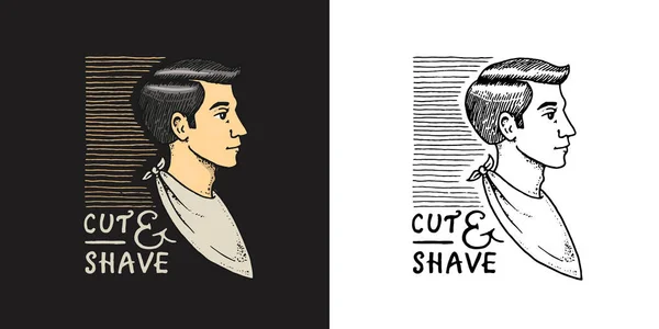 Side view of a guy with an apron. Barber shop badge and label, logo and hipster emblems. Haircut of beard and mustache. Tools for man icon. Engraved hand drawn in old vintage sketch. — Stock Vector