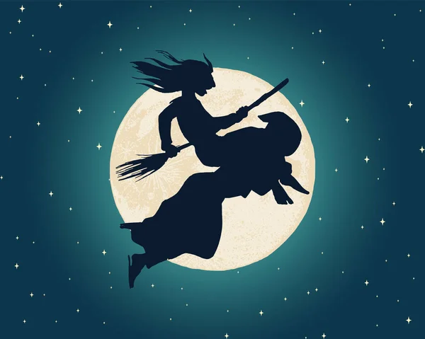 Bruxa voando sobre a lua no céu noturno. Feiticeira com uma vassoura em estilo vintage. Sílhueta mítica da sorte mágica. Conceito de Halloween. Ilustração vetorial. — Vetor de Stock