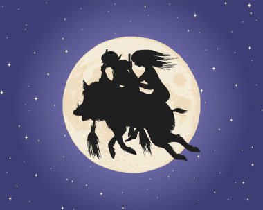 Cadı gece gökyüzünde ayın üzerinde uçuyor. Büyücü ve elinde süpürge sopası olan bir yaban domuzu. Efsanevi Sihirli Şans silueti. Cadılar Bayramı konsepti Vektör illüstrasyonu.