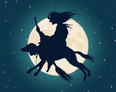 Cadı gece gökyüzünde ayın üzerinde uçuyor. Süpürgeyle klasik tarzda bir büyücü. Efsanevi Sihirli Şans silueti. Cadılar Bayramı konsepti Vektör illüstrasyonu.