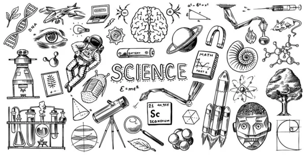 Bilim afişi. Eski eskiz ve klasik tarzda oyulmuş el yazısı. Astronot ve roket. Fizik, matematik, biyoloji ya da astronomi alanlarında bilimsel formüller ve hesaplamalar. — Stok Vektör