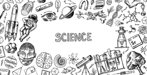 Επιστημονικό πανό ή αφίσα. Χαραγμένο χέρι ζωγραφισμένο σε παλιό σκίτσο και vintage στυλ. Αστροναύτης και πύραυλος. Επιστημονικοί τύποι και υπολογισμοί στη φυσική και τα μαθηματικά και αστρονομία στο λευκό πίνακα. — Διανυσματικό Αρχείο