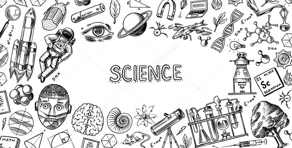 Science banner or poster. Engraved hand drawn in old sketch and vintage style. Astronaut and rocket. Scientific formulas and calculations in physics and mathematics and astronomy on whiteboard.