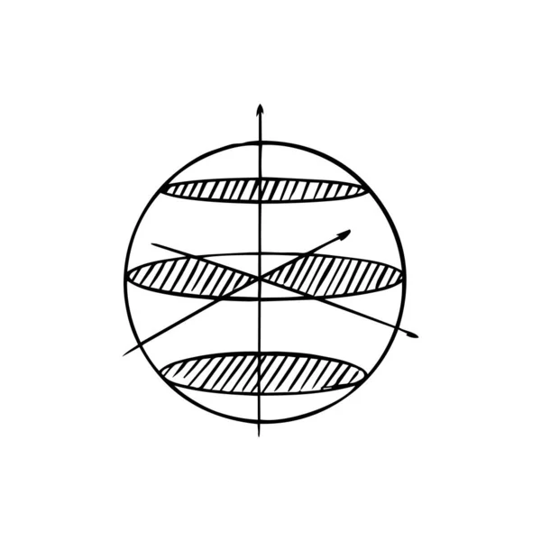 Sfär i koordinatsystemet. Del av en matematisk cirkel. Beräkning av siffran. Exakt vetenskap är matte. Grafiskt begrepp. Graverad handritad gammal skiss. — Stock vektor