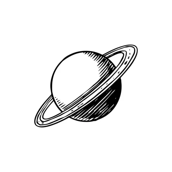 Planeta em sistema solar. Saturno em estilo vintage. Espaço galáctico astronómico. Mão gravada desenhada em esboço antigo para etiqueta. —  Vetores de Stock