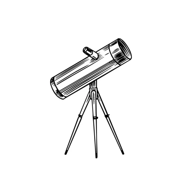 천문 망원경, 빈티지, 스케치나 나무를 자르는 스타일로 그린 손, 갈릴레오 갈릴레이를 탐사하고 발견하기 위한 오래 된 역 과학 장비 — 스톡 벡터