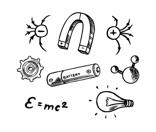 Fysikkoncept. Magnet och negativa och positivt laddade elektronpartiklar. Batteri och nanopartiklar. Massa energiekvivalens. Graverad handritad gammal skiss. — Stock vektor