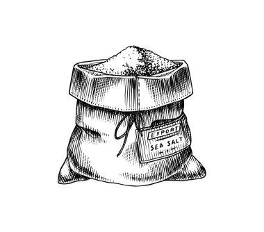Deniz tuzu çantası. Doğal ambalajda baharat. Lezzetli ya da tuzlu. Klasik arka plan afişi. Oymalı el çizimi eski bir çizim. 
