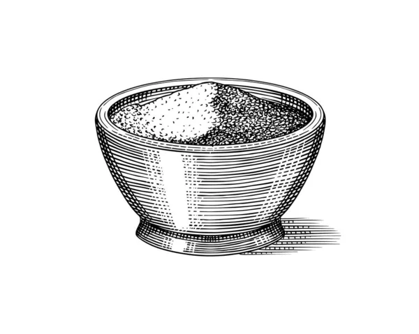 Chia seeds in a bowl. Salvia hispanica. Spice in a saucer. Condiment or flavoring or granule or grain. Engraved hand drawn in old sketch and vintage style. — Stock Vector