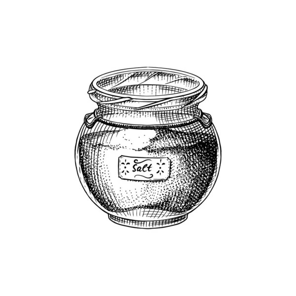 Tengeri só egy üvegedényben. Egy halom mag a tálban. Fűszer természetes csomagolásban. Ízesítés vagy sóoldat. Vintage háttér banner. Vésett kézzel rajzolt régi vázlat. — Stock Vector