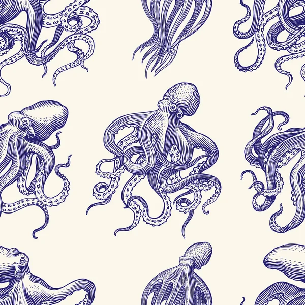 Sea octopus Seamless pattern. Engraved hand drawn in old sketch, vintage creature. Nautical or marine, monster. Animal in the ocean. Template for logos, labels and emblems. — Stock Vector