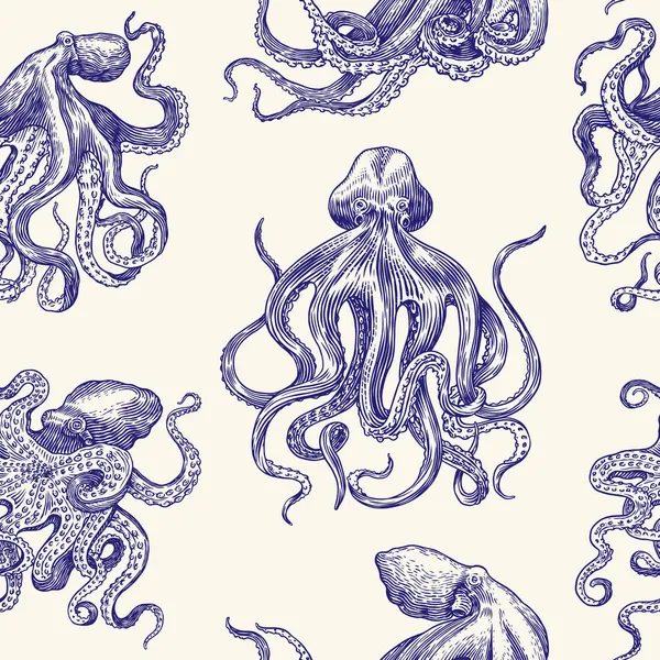 Pulpo marino Patrón sin costura. Mano grabada dibujada en boceto viejo, criatura vintage. Náutico o marino, monstruo. Animal en el océano. Plantilla para logotipos, etiquetas y emblemas. — Vector de stock