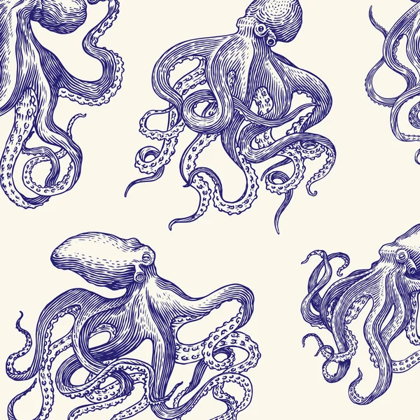 Pulpo marino Patrón sin costura. Mano grabada dibujada en boceto viejo, criatura vintage. Náutico o marino, monstruo. Animal en el océano. Plantilla para logotipos, etiquetas y emblemas. — Vector de stock