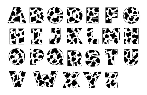 Animal font for posters. Cow spots black and white. Holstein cattle. Retro alphabet. Vintage print skins typeface, editable and layered. Vector Trendy modern chrome capital letters for banners. — Stock Vector