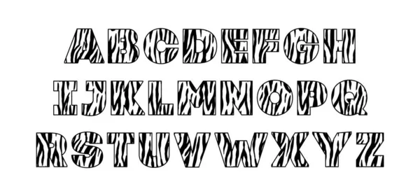 Posterler için hayvan yazı tipi. Memeliler Kürkü. Retro Zebra alfabesi. Klasik baskı derisi yazı tipi, düzenlenebilir ve katmanlı. Sancaklar için Vektör Trendi modern krom büyük harfler. — Stok Vektör