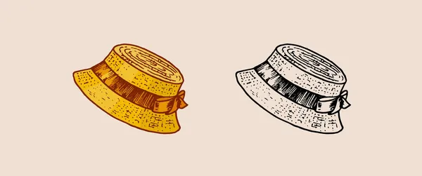 Chapeau de paille vintage pour femme élégante, femme et dames. Mode rétro. À l'anglaise. Dessiné à la main — Image vectorielle