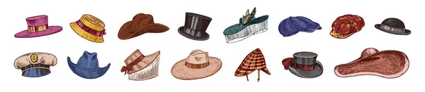 Zarif erkekler, kadınlar, kadınlar ve kadınlar için klasik şapka koleksiyonu. Fedora Derby Deerstalker Homburg Bowler Straw Beret Kaptan Kovboy Porkpie Boater. Retro moda seti. İngiliz tarzı. El çizimi — Stok Vektör