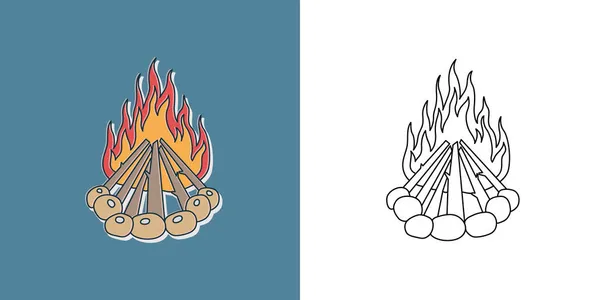 Костер или лесной пожар. Логотип лагеря. Путешествия и поездки символ. Пешеходный элемент для печати. Патч, патч, патч. — стоковый вектор
