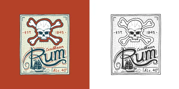 Étiquette de rhum insigne et crâne. Logo alcool fort avec élément calligraphique. Cadre pour bannière d'affiche. Autocollant emblème Lettrage gravé dessiné à la main pour t-shirt. — Image vectorielle