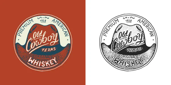 Insigne d'étiquette de whisky et chapeau de cow-boy. Logo alcool fort avec élément calligraphique. Cadre pour bannière d'affiche. Autocollant emblème Lettrage gravé dessiné à la main pour t-shirt. — Image vectorielle